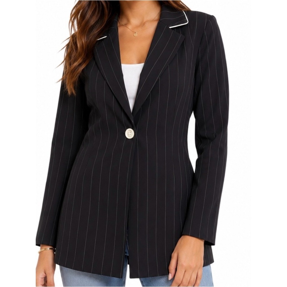 City Triangles Womens Black Pinstripe Single Button Tie Back Blazer Jacket